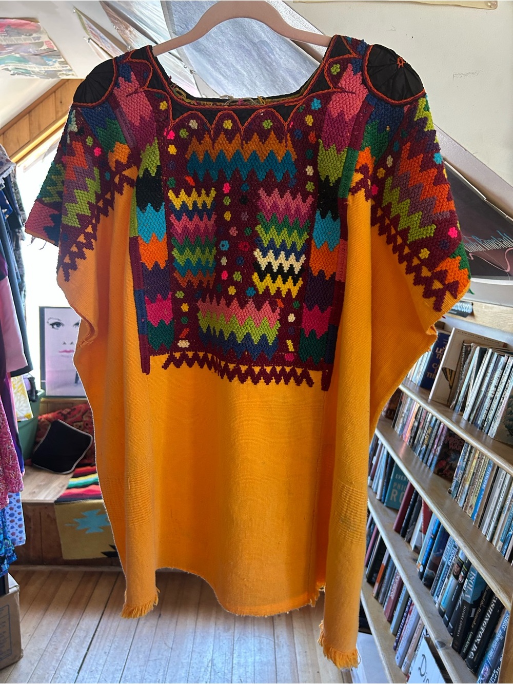 Handwoven Yellow Mexican-Style Embroidered Sweater Poncho